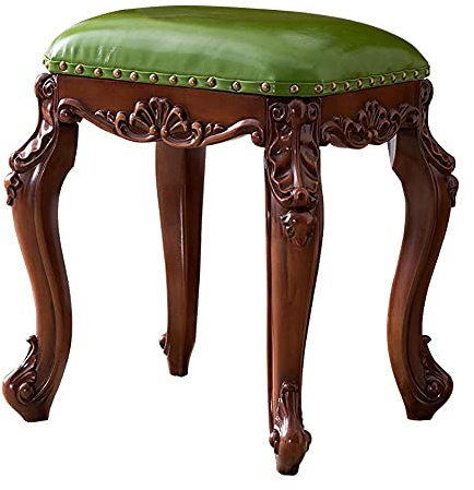 MEILISHAOMEI Gepolsterter Fußhocker im Vintage-Stil mit geschnitztem Lederbezug,Ottomane,Fußstütze,Hocker,Sessel,PU-Leder,großer Fußhocker aus Massivholz,grün