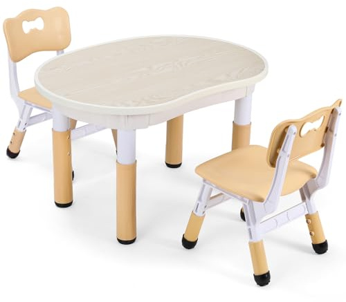 Clevich Kids Table with 2 Chair Sets, Height Adjustable Peanut-Shaped Table and Chair Set for Ages 2-10, Multifunctional and Easy to Wipe Art Table, Kids Activity Table for Home, Classrooms, Daycares