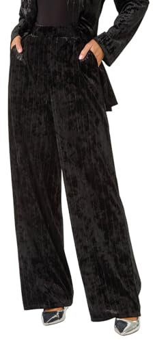 Roman Wide Leg Velvet Stretch Trousers for Women UK - Ladies Autumn Everyday Winter Holiday High Waisted Comfy Pull On Soft Pants Warm Feel Bottoms - Onyx - Size 18
