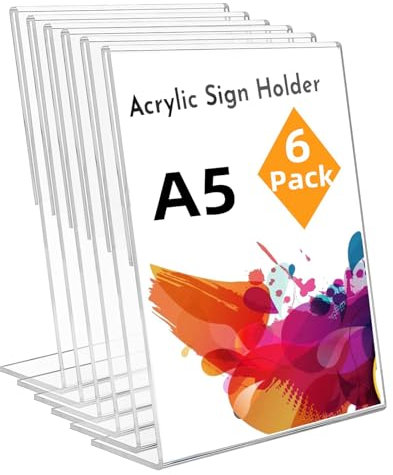Changxin A5 Acryl Schilderhalter, 6 Stück Transparenter Aufsteller L Form Ständer Tischaufsteller für Empfang, Büro, Geschäft, Restaurant, Hotel