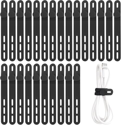 Oligei 25 Pcs Silicone Cable Ties, Cable Ties Reusable, High Elasticity Cord Wraps for Electrical Cords, Cord Organizer for Earphone, Phone Charger(Black)