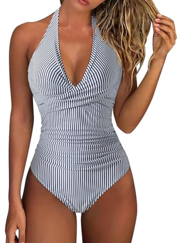 RXRXCOCO Badeanzug Damen Bauchweg Push Up Shape Bademode Neckholder Badeanzug Rückenfrei Schwarz Gestreift L