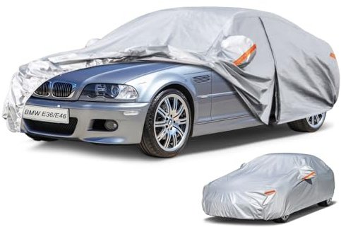 Kayme Car Cover Waterproof Breathable, Full Car Cover for Saloon Sun Dust Protection Outdoor, Universal fit for BMW 3 series E36/ E46, Kia Rio etc. View Vehicle Size Chart A7, Silver