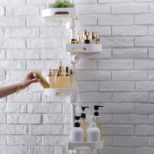 shuang qing 4-Tier Corner Shower Caddy Tension Pole Organizer - Adjustable Rustproof Metal Tension Pole, Plastic Shelves with Safety Guardrail, Bathroom Storage for Shower & Bathtub(White)