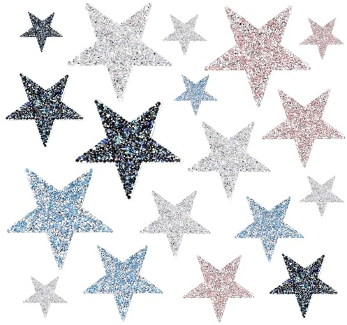 18 Pcs Star Iron on Patches Glitter Rhinestone Patches Embroidered Sew On/Iron on Patch Applique Bling Star Rhinestone Crystal Repair Patch for Clothing Jeans Repair DIY Crafts Decoration