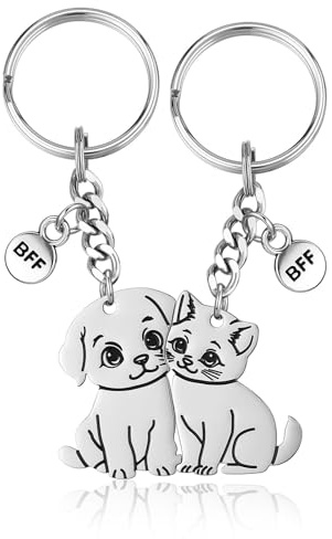 Jovivi 2pc Best Friend Keyring,Funny Cat Dog Keychain Friendship Bestie Gifts for Women Friends Birthday,BFF Key Ring Chain Cat Gift for Best Friends Sister