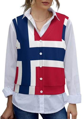 Norwegian Flag Womens Knitted Vest V Neck Sleeveless Button Down Tops Casual Trendy Cardigan with Pockets
