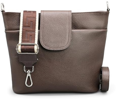 Brise Art Umhängetasche Damen Echtes Leder ELLIE Handgemachte Crossbody Bag mit Ledergurt + Optionalen Breiten Gemusterten Riemen 6 Fächer Wasserdichte Schultertasche Made in Italy (Dunkelbraun-2)