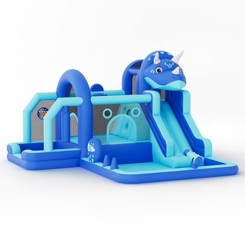 Castillo Hinchable para Niños con Forma de Dinosaurio, Castillo Hinchable con Soplador, Toboganes, Piscina Infantil, Camas Elásticas, Muro de Escalada y Canastas de Baloncesto