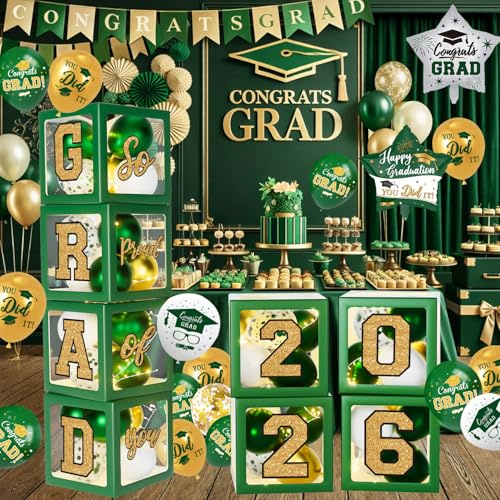 Graduation Decorations 2026 - Green and Gold Graduation Decorations - Set of 4 Balloons Boxes with Letters 2026 GRAD So Proud of You, Congrats Grad Party Decorations for Any Grades
