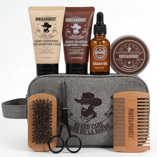 Rinse&Robusto, set per la cura della barba da 8 pezzi, con borsa da viaggio, profumo di eucalipto, spazzola da barba, forbici da barba, shampoo da barba