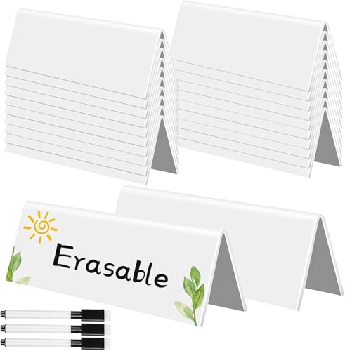Lot de 20 marque-places vierges en acrylique blanc, effaçables, avec 20 stylos, marque-places pour mariage, anniversaire, réservation de table, cartes nominatives comme plaque d'indication (22 x 7 cm)