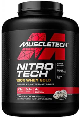 MuscleTech NitroTech 100% Whey Gold Protein Pulver, Whey Isolate Proteinpulver & Peptides, Proteinpulver für Männer und Frauen, 5.5g BCAA, 71 Servings, 2.27kg, Cookies & Cream