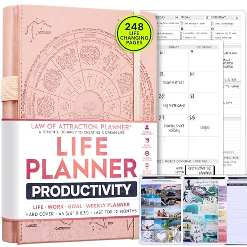 Law of Attraction Kalender, lyxig odaterad vecko-/månadskalender, en 12 månaders resa för att öka produktiviteten och glädjen, livsorganisatör, tacksamhetsjournal med klistermärken A5 storlek