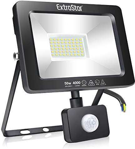 EXTRASTAR 50W Projecteur LED Avec Détecteur de Mouvement Blanc Froid, Spot LED Extérieur Avec Détecteur, Eclairage Exterieur Avec Détecteur, 6500K 5700LM, IP54 Pour Jardin, Garage, Entrée etc
