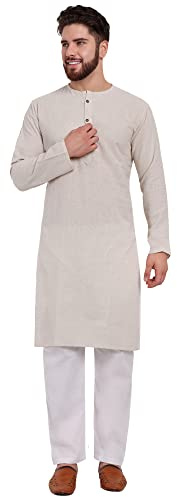 SKAVIJ Uomo Cotone Kurta Pajama Maniche Lunghe Regular Vestito (Bianco Sporco, Small)