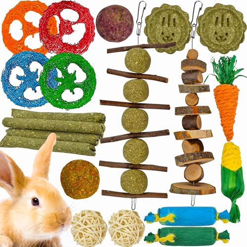Ousiya 21er-Pack Kaninchenspielzeug-Set, Hasenspielzeug Beschäftigung und Kauspielzeug für Kaninchen, Hamster, Meerschweinchen und Chinchillas, Apfel Holz Lieschgras Sticks für Kleintiere Zahnen