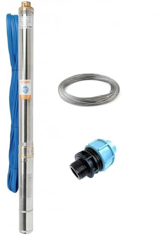 Tiefbrunnenpumpen-Set IBO 3Ti20 550W Tiefbrunnenpumpe 800W | Ablassseil 30 Meter | UNIDELTA Klemmverbinder 40 mm 1 Zoll | 50 l/Min, 82 m Förderhöhe | Gartenpumpe Wasserpumpe Garten