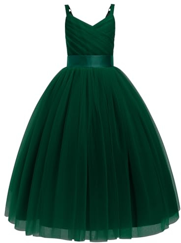 IBTOM CASTLE Flower Girls Tutu Dress Spaghetti Straps Party Dress Wedding Pageant Bridesmaid V-Nevk Dress Girl Pirncess Prom Birthday Dance First Communion Ball Gown Straps-Dark Green 9-10 Years