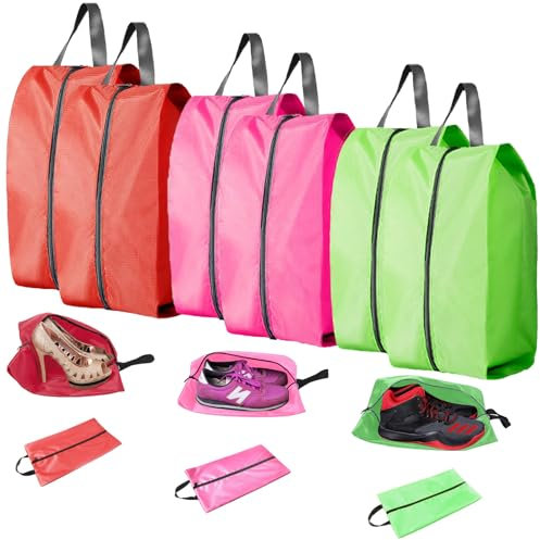 6 Stück Schuhbeutel Reise Schuhtaschen Wasserdicht Schuhsäcke Faltbar mit Reißverschluss Shoe Bag Aufbewahrung Tragbare Staubdicht mit Griff für Lagerung zu Hause, Urlaub, Travel (rosa+rot+grün)