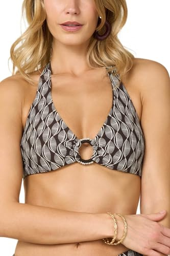 Goldenpoint Donna Costume da Bagno Seashell - Parte Alta del Bikini - Triangolo Fisso Senza Imbottitura con Anello Centrale in Microfibra Fantasia Geometrica Bicolore Taglia 6B Colore Marrone e Avorio