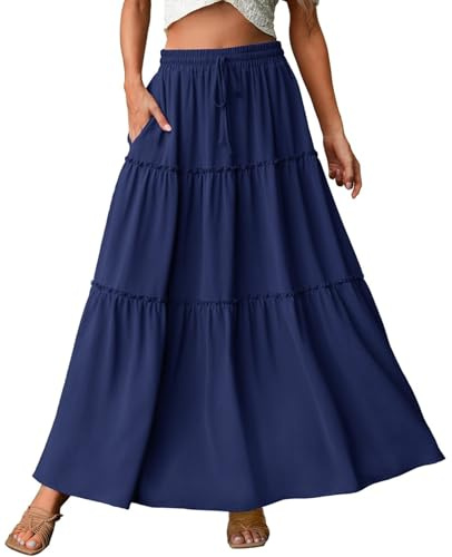 Genfien Jupe Femme Longue Maxi Plissée en Ligne A Bohême Tour de Taille Elastique Jupe avec Poches