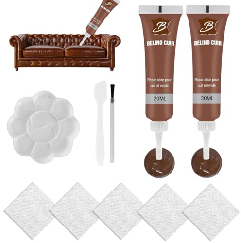 Leder Reparatur Set Braun(2 Tuben) – Kunstleder Reparaturset Flüssigleder & Braun Lederreparatur Creme – Lederreparaturset Braun für Auto, Sofa – Inkl. Pinsel & Prägepapier gegen Kratzer & Risse