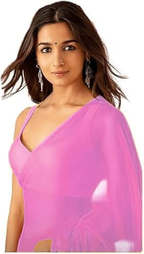 ETHNICMODE Indian Saree For Women Plain Georgette Party Wear Baby Pink Sari With Unstitched Baby Pink Blouse Piece-1235