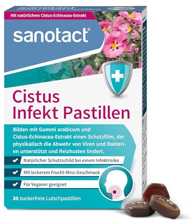 sanotact Cistus Infekt Pastillen (30 Lutschpastillen) • Cistus-Echinacea-Extrakt + Gummi arabicum • Zur Unterstützung der Abwehr von Viren & Bakterien • Lindern Reizhusten