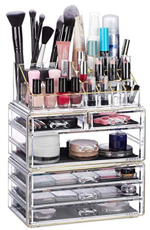 Relaxdays Kosmetikorganizer mit 6 Schubladen, 22 Fächer Make Up Organizer, Schmink-Aufbewahrung Acryl, transparent/gold