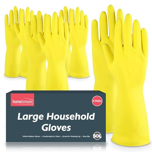 SOL 4 Pairs Large Household Gloves, Yellow Heavy Duty Rubber Gloves for Cleaning with Non-Slip Grip, Durable Waterproof Design for Kitchen, Bathroom & Dishwashing, Multipurpose & Comfortable To Use