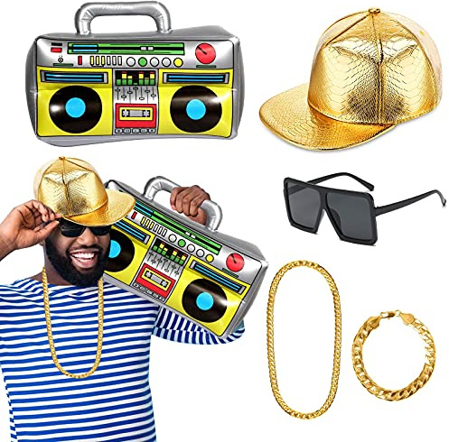 Kit Costume Hip Hop Anni '80/'90 Completi da Rapper con Cappello Hip Hop, Scatola Radio Gonfiabile, Catena, Braccialetto e Occhiali da Sole DJ Bomboniere per Feste Anni '80 e '90 Decorazioni a Tema