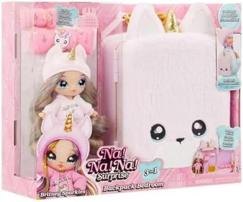 Na! Na! Na! Surprise 3-in-1 Backpack Bedroom Unicorn con Muñeca de Moda - Whitney o Britney Sparkles - 1 Muñeca de Moda y Mochila Unicornio, Armario con Almohadas y Manta - para Niños de +4 Años