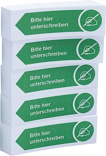 Litfax Haftnotizen Klebezettel Bitte hier unterschreiben, 5 Stück je 100 Blatt Sticky Notes – Post It Haftstreifen in Grün mit Pfeilrichtung nach links