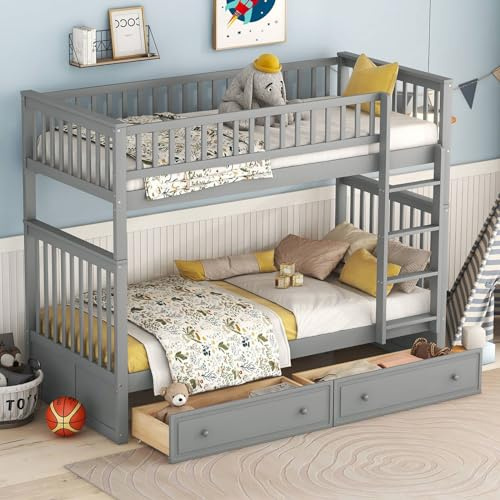 KOMHTOM Lit Superposé en Bois avec 2 Tiroirs de Rangement, Lit Simple avec Support à Lattes et Échelle, Cadre de lit, Chambres à Coucher,Pin(sans Matelas,90 x 200CM) (Gris)