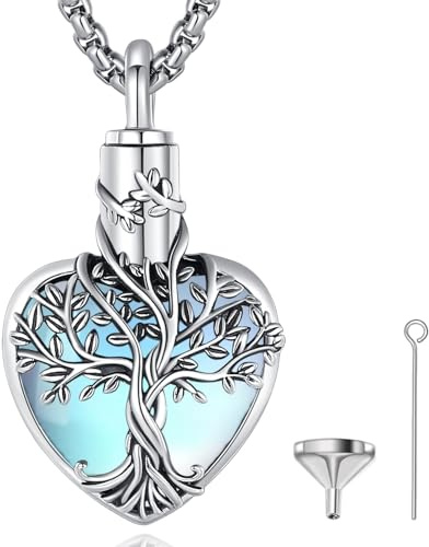 EUDORA Colgantes para Cenizas Humanas Gato Perro para Mujer Plata de ley 925, Collar de Cenizas del Árbol de la Vida con Corazón Piedra de Luna, Joyería Funeraria Cenizas Regalos de Recuerdo 20+2