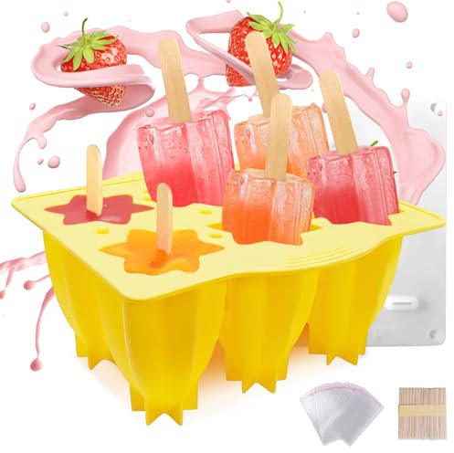 Moule Glace, moule à glaces, 6 moules à glaces réutilisables en silicone pour crème glacée, sans BPA, récipients de fabrication de glaces pour enfants et adultes (étoile jaune)