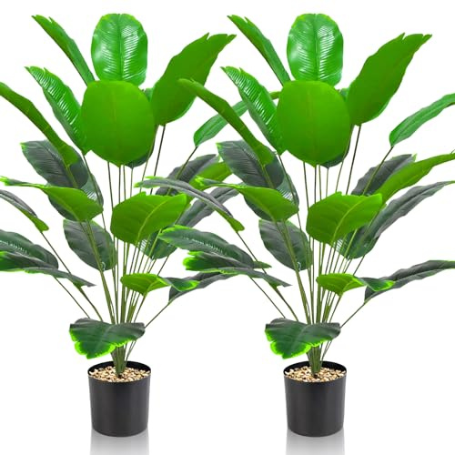Lighterday Set con 2 plantas artificiales grandes, plantas artificiales realistas, planta artificial de plástico alta para oficina, hogar, interior y exterior (hojas de plátano artificiales)
