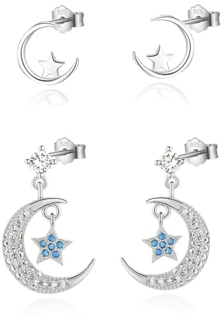 HinDaLi 2 Paires Boucles d'oreilles Étoile et Lune Boucles d'oreilles en Argent 925 pour Femme Fille Boucles d Oreilles Pendantes Étoiles Argent Boucles d'oreilles Femme Diamant Bleu Clous d'oreilles