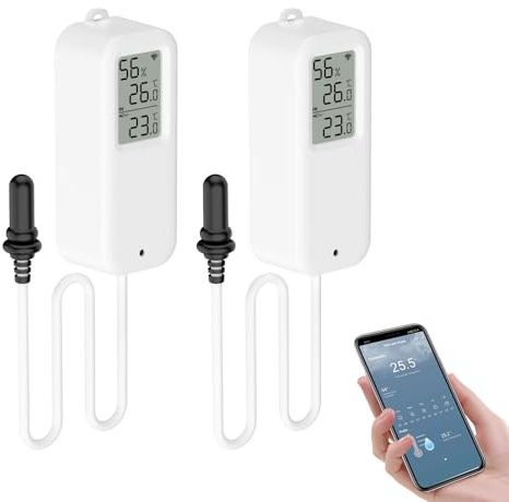 Chatthen Wlan Thermometer, Smart Kühlschrankthermometer App Monitor, Daten Export ℉/℃, hygrometer Wlan Thermometer Innen Außen für Gewächshaus, Aquarium, Kühlschrank, 2 Stück mit Bildschirm