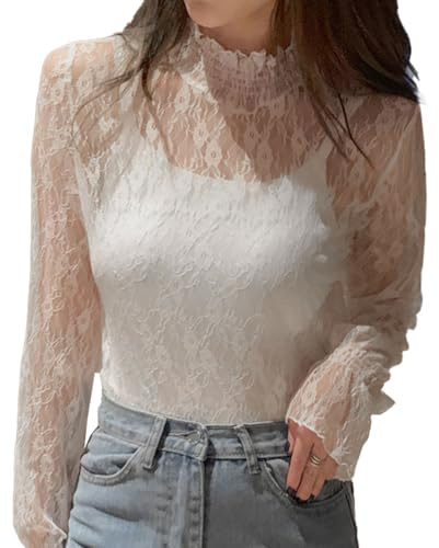 EMOTTOS Crop Tops in Pizzo da Donna, Maglia a Rete Trasparente Y2K Floreale con Increspatura a Mezza Altezza, Maglietta per Donna Escono dal Club e Fanno Festa, Bianco, XL