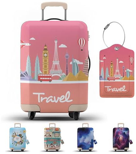 JJ PRIME Housse de valise avec étiquette de bagage | Protection de bagage | Housse de protection de valise avec fermeture éclair – Housse de protection pour bagages (Voyage Rose, XL)