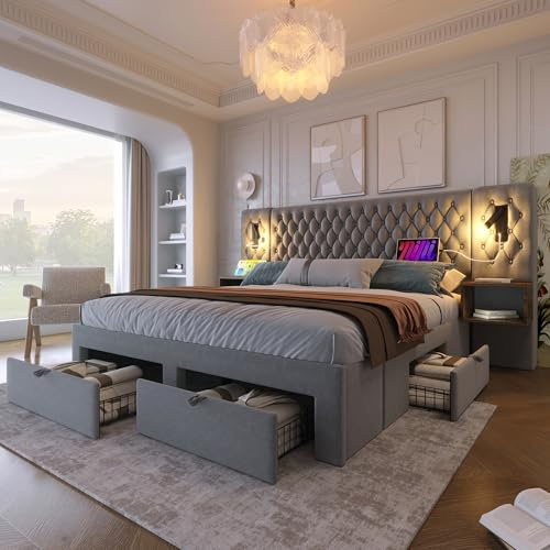 Oxtao Set completo per camera da letto, letto matrimoniale, 160 x 200 cm, 2 comodini e 4 cassetti, testiera con funzione di ricarica USB, tessuto velluto (grigio - cassetto, 160 x 200 cm)
