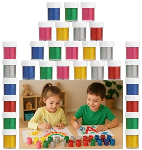 HOVUK Washable Paint for Kids Poster Paint Set | 25ml x 30 Pots - Children Toddlers Finger Paints, Basic Fluorescent Glitter Colours, Safe & Non-Toxic Quick Dry & Glitter Finish