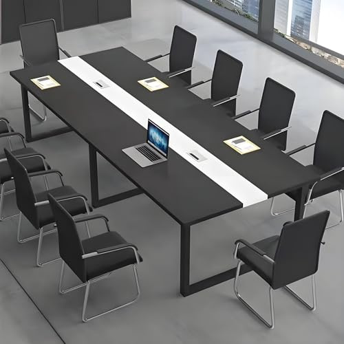 CCUKTFN Tavolo Riunioni Ufficio Moderno, Tavolo da Conferenza Rettangolare con Canalina per Cavi e Struttura in Metallo Nero, Ideale per 8-12 Persone, Sala Conferenze e Seminari