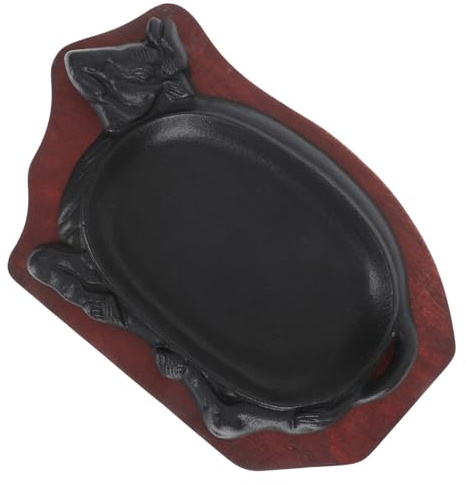 Hohopeti Plaque de Cuisson Fonte Forme Bœuf avec Plateau Bois Poêle Teppanyaki Antiadhésive pour Steak Saisi Poisson et Barbecue Ustensile Polyvalent pour Maison