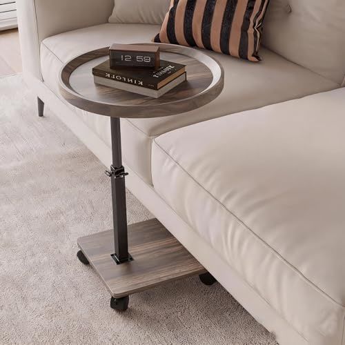 Ztexkee Table d'appoint à roulettes, Bout de Canapé Hauteur(45-80 cm) Réglable et Forme C Rotative à 360°, Table de Chevet Réglable, Petit Table Ronde pour la Chambre et Le Salon Marron