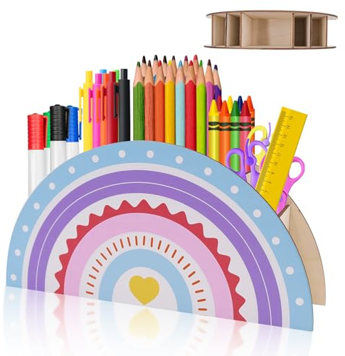 FORYNXHWIN Soporte para lápices de arco iris, caja de lápices de madera, portalápices para niños, organizador de mesa multifuncional para niños con 5 compartimentos, caja creativa para material de