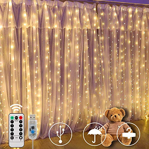 SUNNOW Tenda Luminosa,300 LED 300 * 300cm 8 Modalità Impermeabile Tenda Luci LED con Telecomando,Luci Fatate per Tende,Catene luminose per Natale,Matrimoni,Camere da letto,Finestre,Interni,Esterni