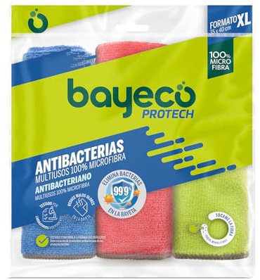 Bayeco - Bayeta Copptech Antibacterias - 100% Microfibra - Tecnología que elimina 99,9% de bacterias - Tres colores - Máxima limpieza solo con agua - Pack Multiusos 3 unidades